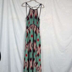 Anthropologie Mint Green Geometric Maxi Dress with Red Accents